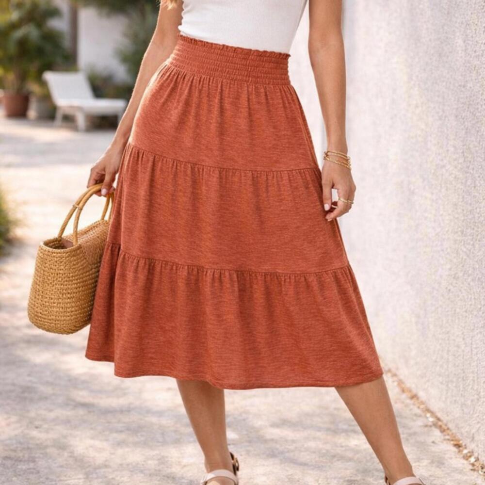 89th + Madison Rust Coral Tiered Midi Boho Skirt Smocked Waist Flowy ALine-Large